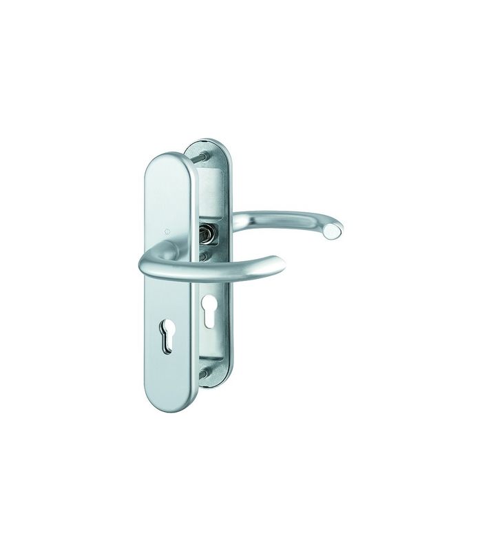 HOPPE Sicherheits-Drückergarnitur Marseille FS-1138F/3331/3310, Langschild oval, 12mm, ES 1, ohne Zylinderabdeckung, Profilzylinder gelocht, Entfernung 72mm, Vierkant 9mm, Türstärke 42-47mm, naturfarben eloxiert