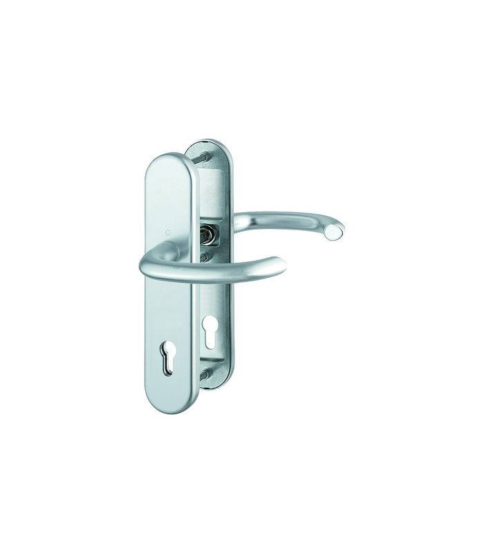 HOPPE Sicherheits-Drückergarnitur Marseille FS-1138F/3331/3310, Langschild oval, 12mm, ES 1, ohne Zylinderabdeckung, Profilzylinder gelocht, Entfernung 92mm, Vierkant 9mm, Türstärke 67-72mm, naturfarben eloxiert