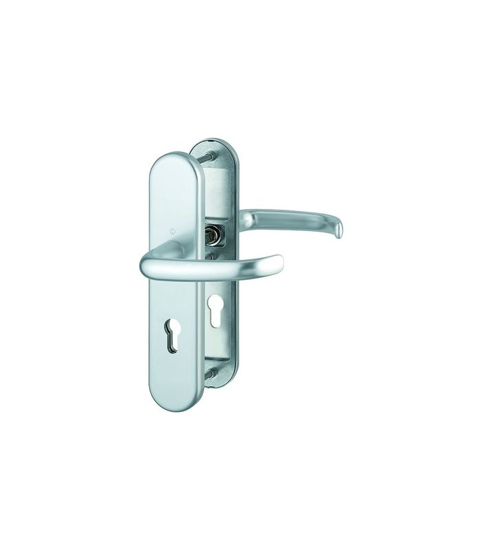 HOPPE Sicherheits-Drückergarnitur San Francisco FS-1301F/3331/3310, Langschild oval, 12mm, ES 1, ohne Zylinderabdeckung, Profilzylinder gelocht, Entfernung 72mm, Vierkant 9mm, Türstärke 42-47mm, naturfarben eloxiert
