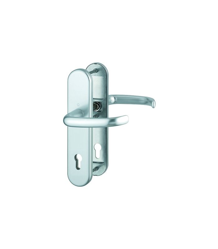 HOPPE Sicherheits-Drückergarnitur San Francisco FS-1301F/3331/3310, Langschild oval, 12mm, ES 1, ohne Zylinderabdeckung, Profilzylinder gelocht, Entfernung 92mm, Vierkant 9mm, Türstärke 67-72mm, naturfarben eloxiert