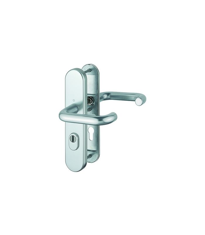HOPPE Sicherheits-Drückergarnitur Paris FS-138F/3332ZA/3310, Langschild oval, 15mm, ES 1, mit Zylinderabdeckung, Profilzylinder gelocht, Entfernung 72mm, Vierkant 9mm, Türstärke 42-47mm, naturfarben eloxiert
