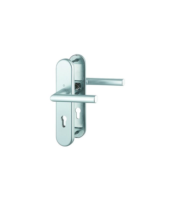 HOPPE Sicherheits-Drückergarnitur Amsterdam FS-1400F/3331/3310, Langschild oval, 12mm, ES 1, ohne Zylinderabdeckung, Profilzylinder gelocht, Entfernung 72mm, Vierkant 9mm, Türstärke 42-47mm, naturfarben eloxiert