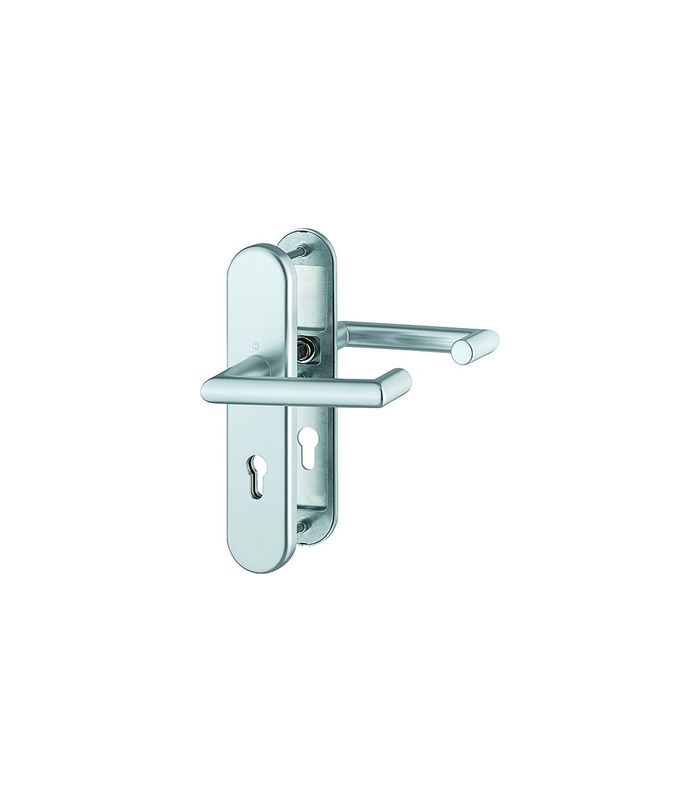HOPPE Sicherheits-Drückergarnitur Rotterdam FS-1401F/3331/3310, Langschild oval, 12mm, ES 1, ohne Zylinderabdeckung, Profilzylinder gelocht, Entfernung 72mm, Vierkant 9mm, Türstärke 42-47mm, naturfarben eloxiert