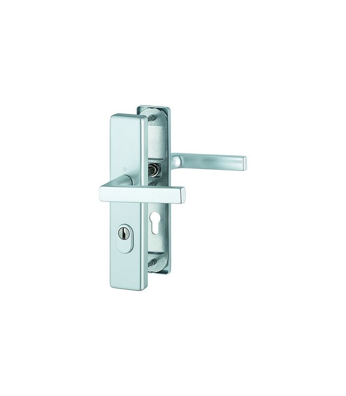 HOPPE Sicherheits-Drückergarnitur Dallas FS-1643F/2222ZA/2210, Langschild eckig, 15mm, ES 1, mit Zylinderabdeckung, Profilzylinder gelocht, Entfernung 72mm, Vierkant 9mm, Türstärke 42-47mm, naturfarben eloxiert