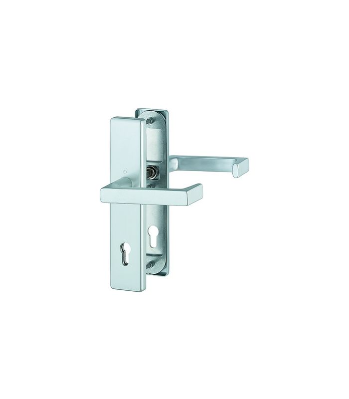 HOPPE Sicherheits-Drückergarnitur Detroit FS-1644F/2221/2210, Langschild eckig, 12mm, ES 1, ohne Zylinderabdeckung, Profilzylinder gelocht, Entfernung 92mm, Vierkant 9mm, Türstärke 67-72mm, naturfarben eloxiert