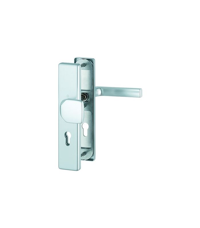 HOPPE Sicherheits-Wechselgarnitur Dallas FS-61G/2221/2210/1643F, Langschild eckig, 12mm, ES 1, ohne Zylinderabdeckung, Profilzylinder gelocht, Entfernung 72mm, Vierkant 9mm, Türstärke 42-47mm, naturfarben eloxiert