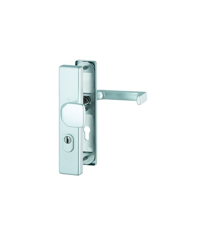 HOPPE Sicherheits-Wechselgarnitur Detroit FS-61G/2222ZA/2210/1644F, Langschild eckig, 15mm, ES 1, mit Zylinderabdeckung, Profilzylinder gelocht, Entfernung 72mm, Vierkant 9mm, Türstärke 42-47mm, naturfarben eloxiert