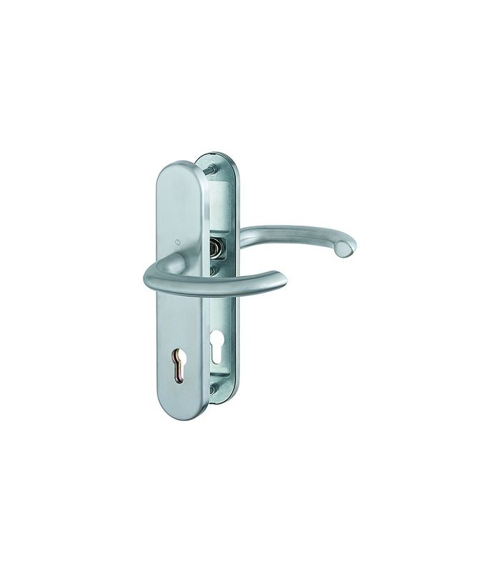 HOPPE Sicherheits-Drückergarnitur Marseille FS-E1138F/3331/3310, Langschild oval, 12mm, ES 1, ohne Zylinderabdeckung, Profilzylinder gelocht, Entfernung 92mm, Vierkant 9mm, Türstärke 67-72mm, edelstahl matt