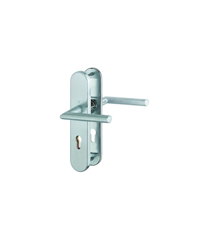 HOPPE Sicherheits-Drückergarnitur Stockholm FS-E1140F/3331/3310, Langschild oval, 12mm, ES 1, ohne Zylinderabdeckung, Profilzylinder gelocht, Entfernung 72mm, Vierkant 9mm, Türstärke 42-47mm, edelstahl matt