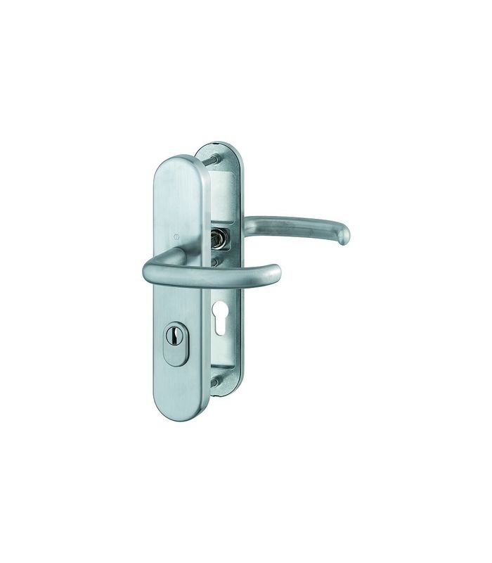HOPPE Sicherheits-Drückergarnitur San Francisco FS-E1301F/3332ZA/3310, Langschild oval, 15mm, ES 1, mit Zylinderabdeckung, Profilzylinder gelocht, Entfernung 72mm, Vierkant 9mm, Türstärke 42-47mm, edelstahl matt