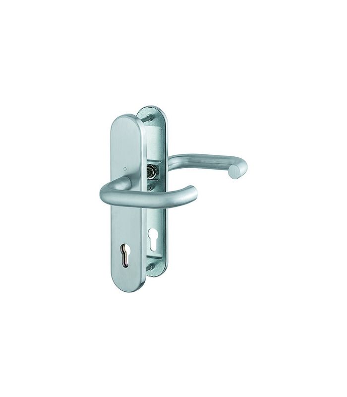 HOPPE Sicherheits-Drückergarnitur Paris FS-E138F/3331/3310, Langschild oval, 12mm, ES 1, ohne Zylinderabdeckung, Profilzylinder gelocht, Entfernung 92mm, Vierkant 9mm, Türstärke 67-72mm, edelstahl matt