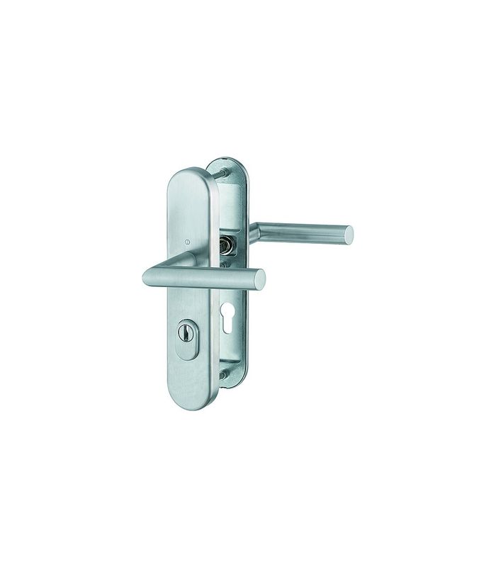 HOPPE Sicherheits-Drückergarnitur Amsterdam FS-E1400F/3332ZA/3310, Langschild oval, 15mm, ES 1, mit Zylinderabdeckung, Profilzylinder gelocht, Entfernung 72mm, Vierkant 9mm, Türstärke 42-47mm, edelstahl matt