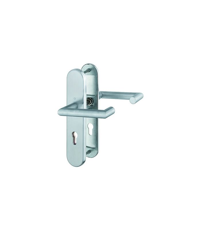 HOPPE Sicherheits-Drückergarnitur Rotterdam FS-E1401F/3331/3310, Langschild oval, 12mm, ES 1, ohne Zylinderabdeckung, Profilzylinder gelocht, Entfernung 72mm, Vierkant 9mm, Türstärke 42-47mm, edelstahl matt