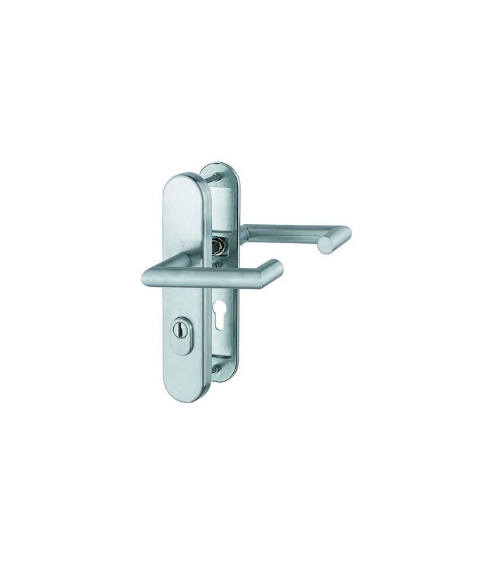 HOPPE Sicherheits-Drückergarnitur Rotterdam FS-E1401F/3332ZA/3310, Langschild oval, 15mm, ES 1, mit Zylinderabdeckung, Profilzylinder gelocht, Entfernung 72mm, Vierkant 9mm, Türstärke 42-47mm, edelstahl matt