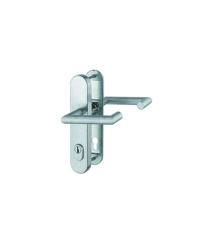 HOPPE Sicherheits-Drückergarnitur Rotterdam FS-E1401F/3332ZA/3310, Langschild oval, 15mm, ES 1, mit Zylinderabdeckung, Profilzylinder gelocht, Entfernung 92mm, Vierkant 9mm, Türstärke 67-72mm, edelstahl matt