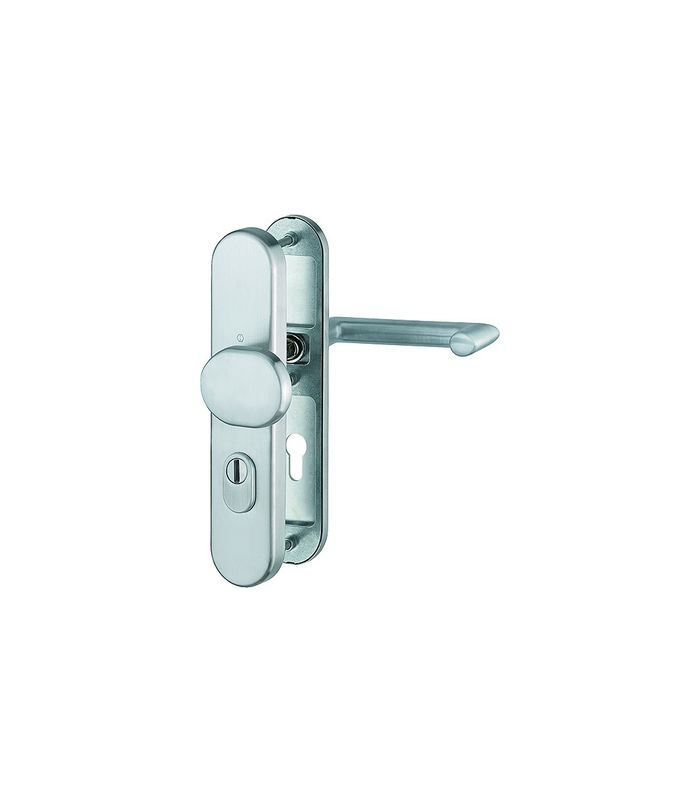 HOPPE Sicherheits-Wechselgarnitur Karlstad FS-E86G/3332ZA/3310/1141F, Langschild oval, 15mm, ES 1, mit Zylinderabdeckung, Profilzylinder gelocht, Entfernung 72mm, Vierkant 9mm, Türstärke 42-47mm, edelstahl matt