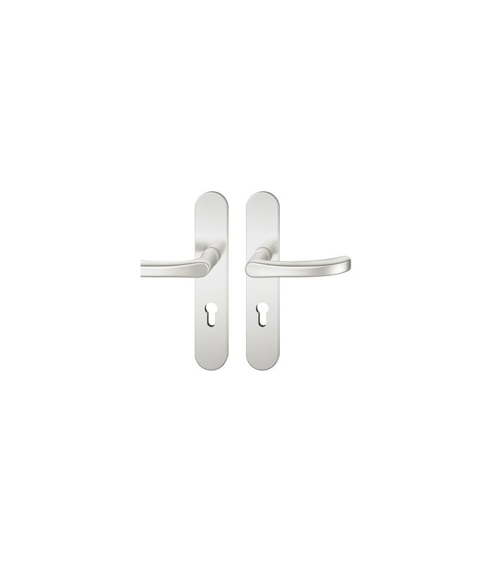 FSB Drückergarnitur 79 1043, Langschild, oval, Profilzylinder gelocht, Entfernung 72mm, Vierkant 9mm, Türstärke 39 - 48mm, Befestigungstechnik mit Stütznocken, silber, naturfarben, eloxiert