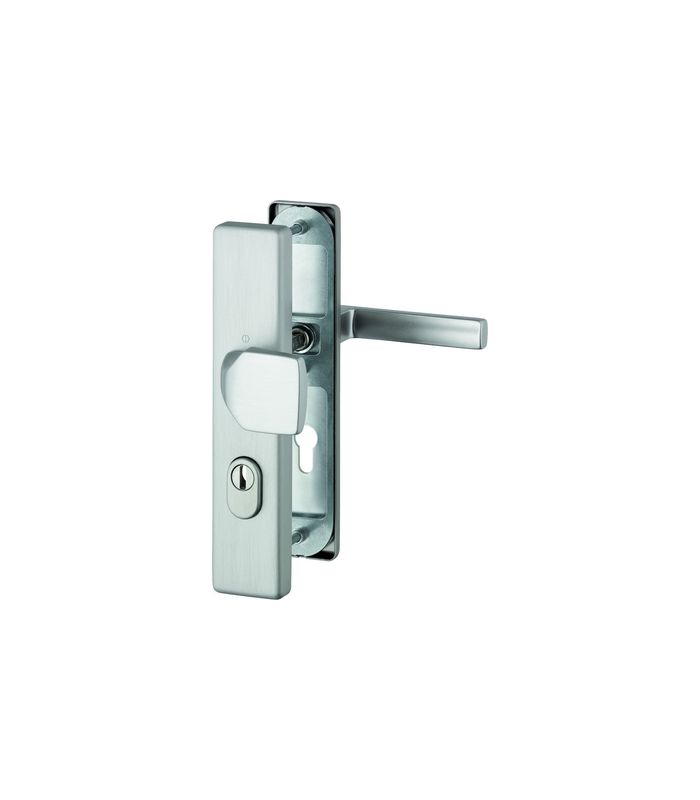 HOPPE Sicherheits-Wechselgarnitur Austin FS-61G/2222ZA/2210/1769, Langschild eckig, 15mm, ES 1, mit Zylinderabdeckung, Profilzylinder gelocht, Entfernung 72mm, Vierkant 9mm, Türstärke 42-47mm, edelstahloptik matt eloxiert