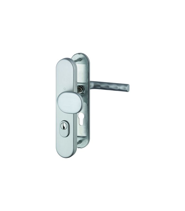 HOPPE Sicherheits-Wechselgarnitur Hamburg FS-86G/3332ZA/3310/1700, Langschild oval, 15mm, ES 1, mit Zylinderabdeckung, Profilzylinder gelocht, Entfernung 72mm, Vierkant 9mm, Türstärke 42-47mm, edelstahloptik matt eloxiert