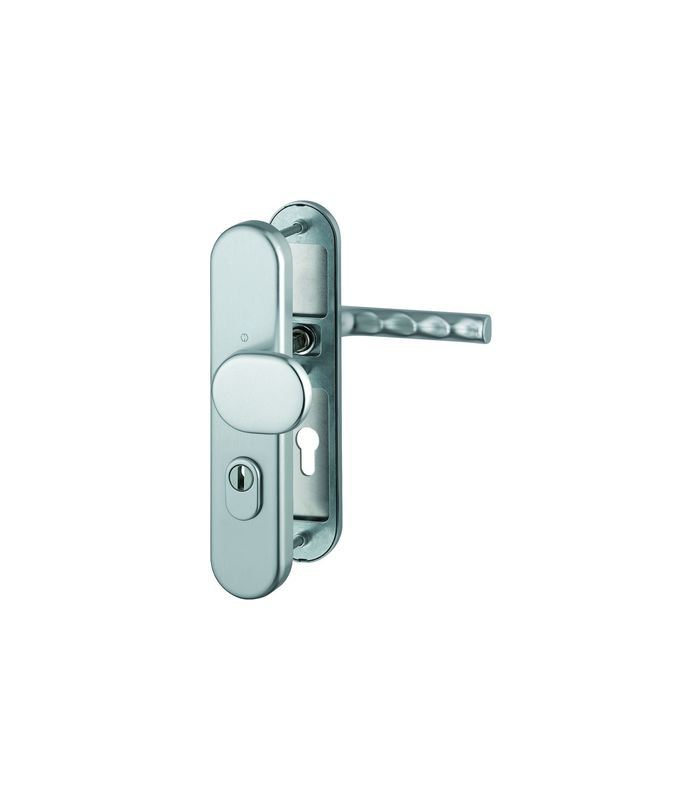 HOPPE Sicherheits-Wechselgarnitur Hamburg FS-86G/3332ZA/3310/1700, Langschild oval, 15mm, ES 1, mit Zylinderabdeckung, Profilzylinder gelocht, Entfernung 72mm, Vierkant 9mm, Türstärke 42-47mm, stahlfarbig eloxiert
