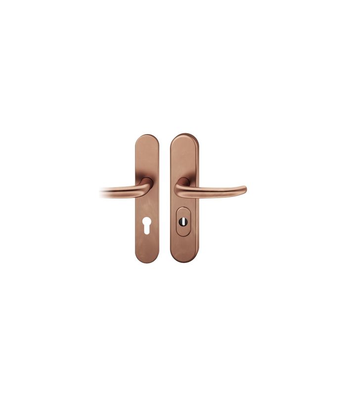 FSB Sicherheits-Drückergarnitur 73 7375, Langschild oval, 15mm, ES 1, mit Zylinderabdeckung, Profilzylinder gelocht, Entfernung 72mm, Vierkant 8mm, DIN Links, Türstärke 67-69mm, hellbronze patiniert gewachst