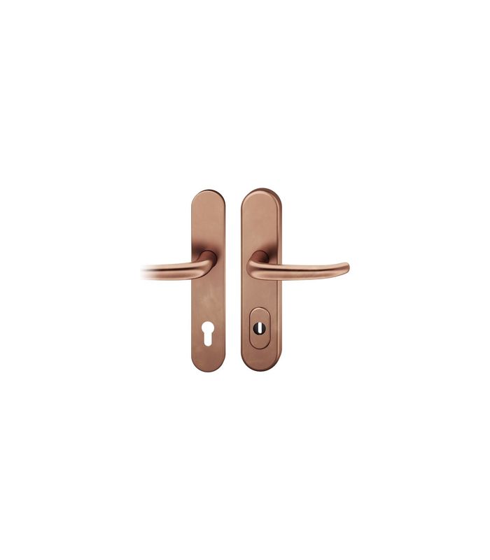 FSB Sicherheits-Drückergarnitur 73 7375, Langschild oval, 15mm, ES 1, mit Zylinderabdeckung, Profilzylinder gelocht, Entfernung 92mm, Vierkant 10mm, DIN Links, Türstärke 67-69mm, hellbronze patiniert gewachst